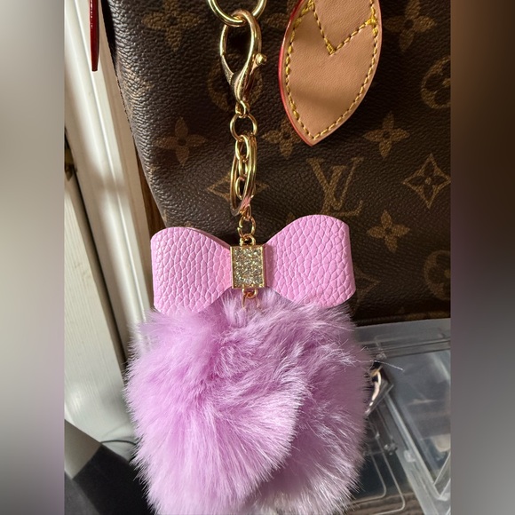 Accessories - Pink bow Keychain / bag charm with fluffy pink Pom Pom